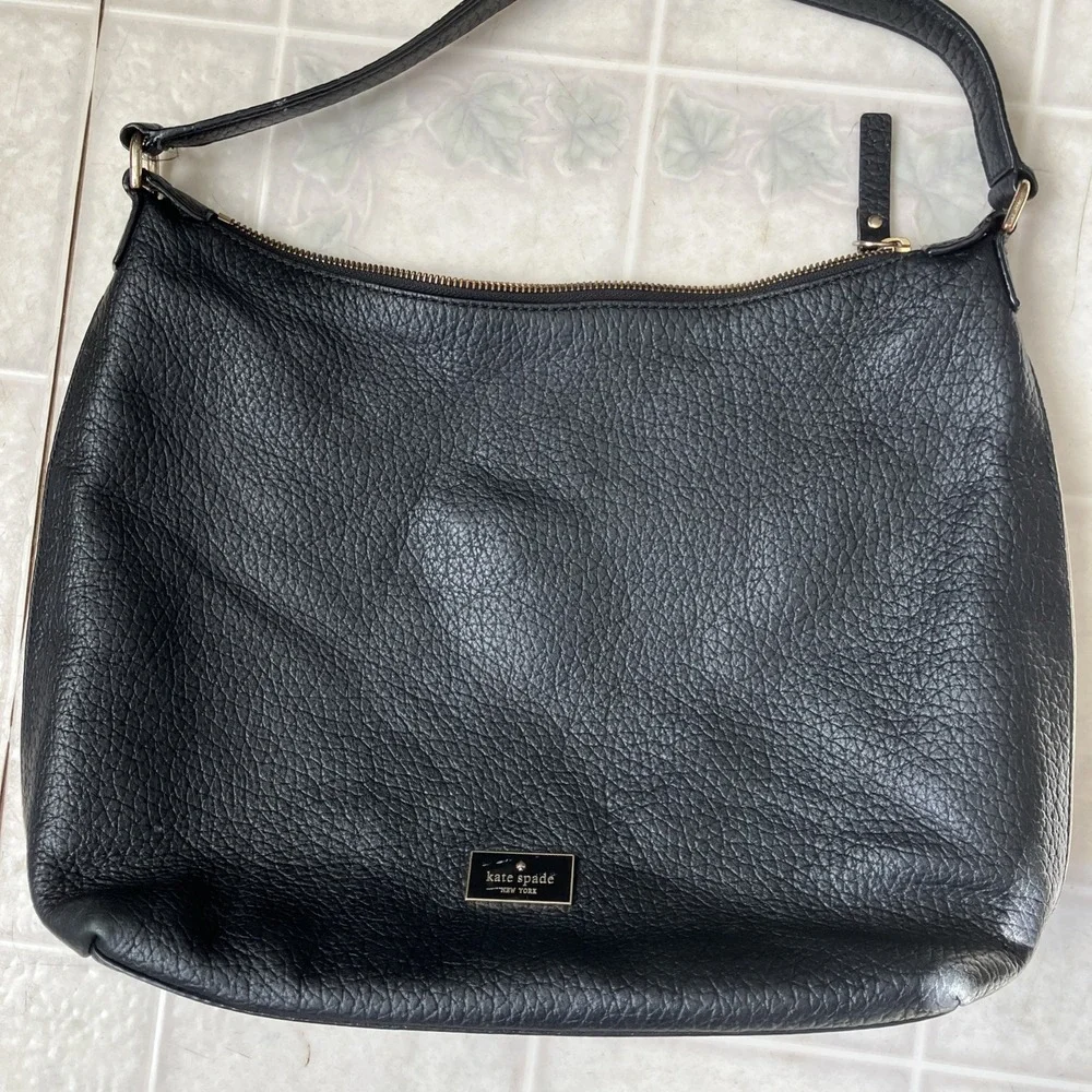 Kate Spade Black Pebbled Leather‎ with White Trim & Striped Lining Shoulder Bag